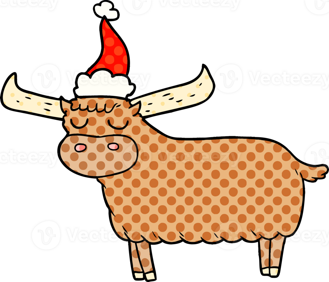 comic book style illustration of a bull wearing santa hat png