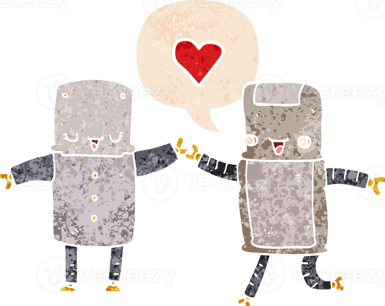 cartoon robots in love and speech bubble in retro textured style png