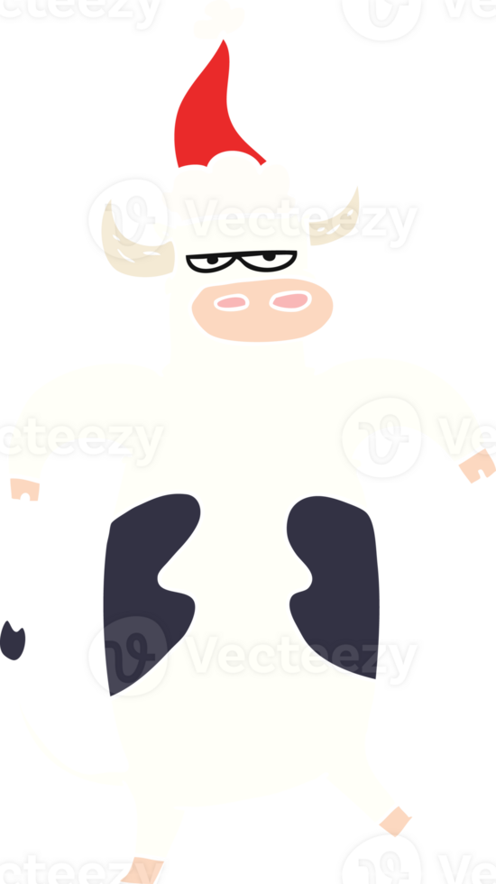 flat color illustration of a bull wearing santa hat png