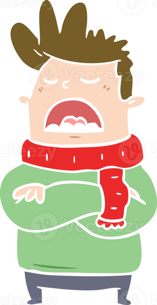 flat color style cartoon obnoxious man in winter clothes png