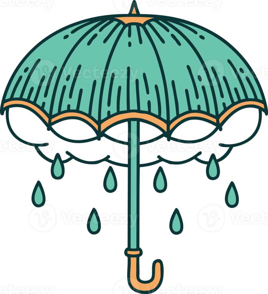 tattoo style icon of an umbrella and storm cloud png
