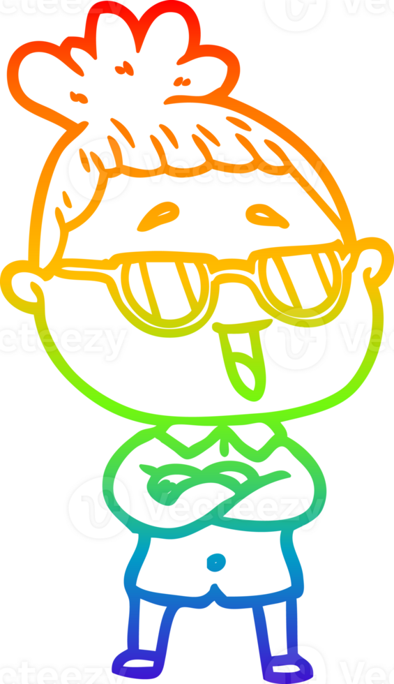 rainbow gradient line drawing of a cartoon happy woman wearing spectacles png