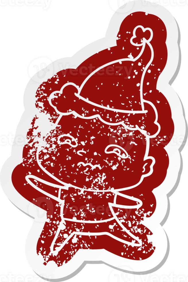 quirky cartoon distressed sticker of a nervous man wearing santa hat png