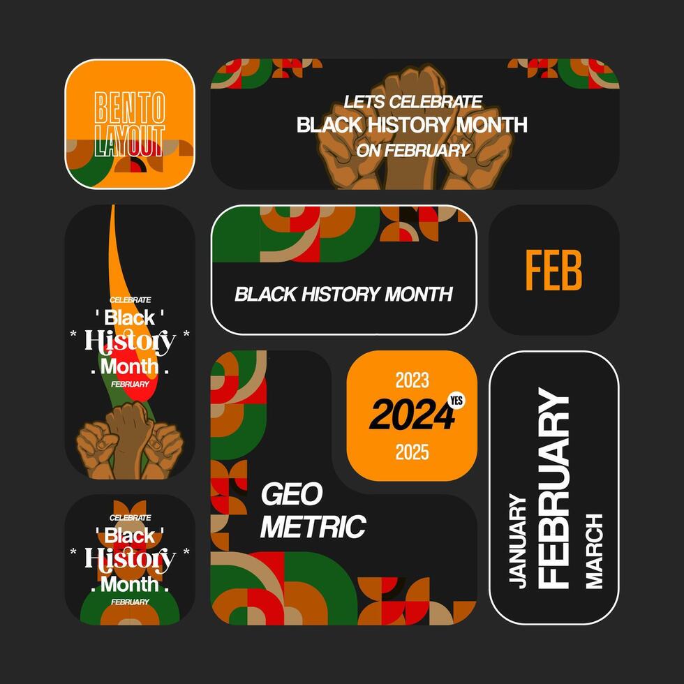 Celebrating Black History Month in modern geometric style. Square banners using Bento grids layout for social media, portfolio and more with typography. Illustration for Black History Month vector