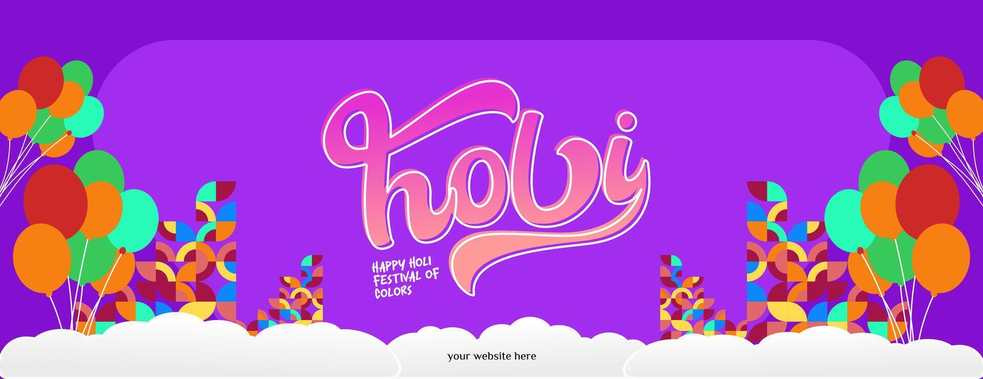 Happy Holi Festival Of Colors banner in colorful modern geometric style. Holi Festival greeting card cover with typography. Vector illustration background