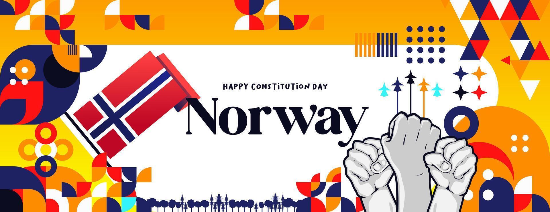 noruego constitución día bandera en vistoso moderno geométrico estilo. contento Noruega nacional independencia día saludo tarjeta cubrir con tipografía. vector ilustración para celebrando nacional Días festivos