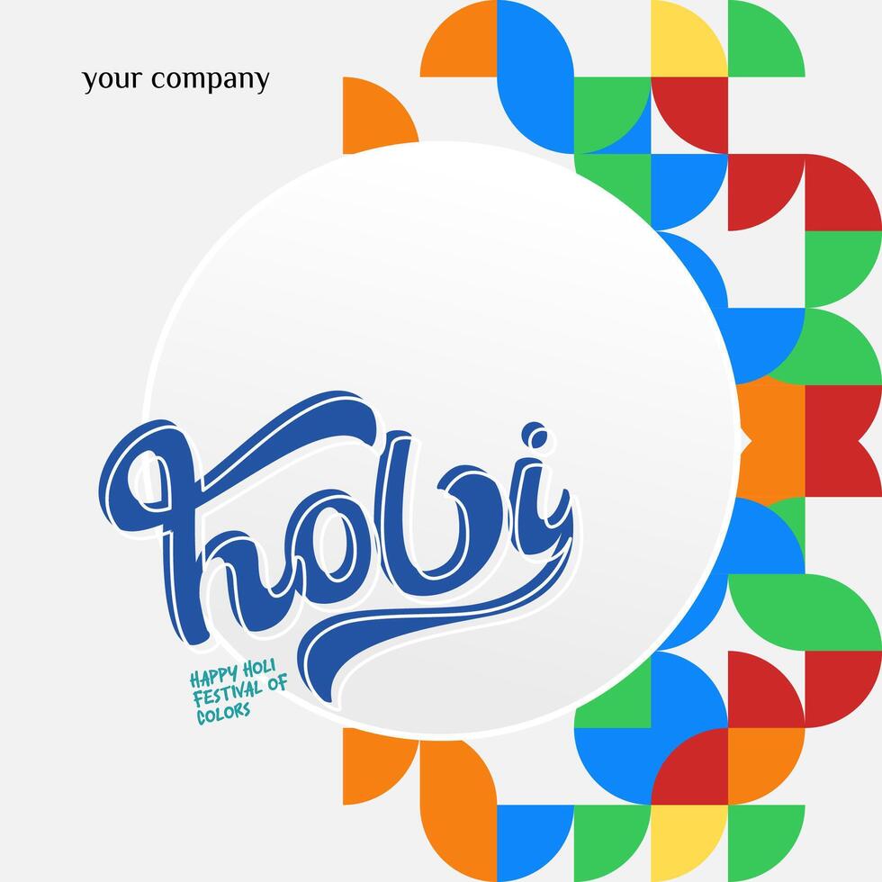 Happy Holi Festival Of Colors banner in colorful modern geometric style. Holi Festival greeting card cover with typography. Vector illustration background