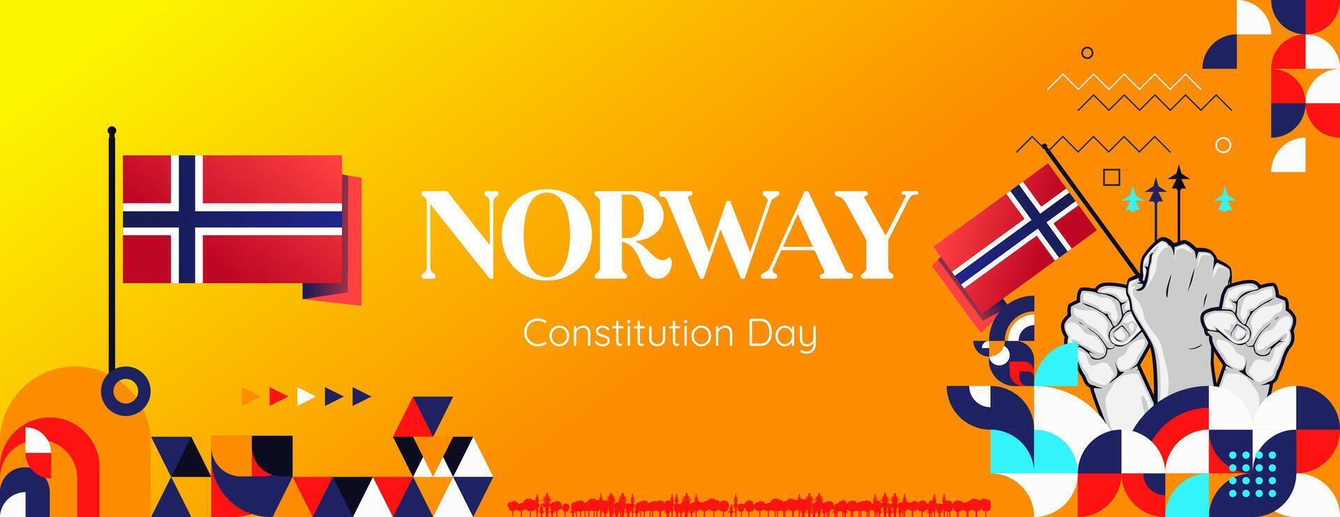 noruego constitución día bandera en vistoso moderno geométrico estilo. contento Noruega nacional independencia día saludo tarjeta cubrir con tipografía. vector ilustración para celebrando nacional Días festivos