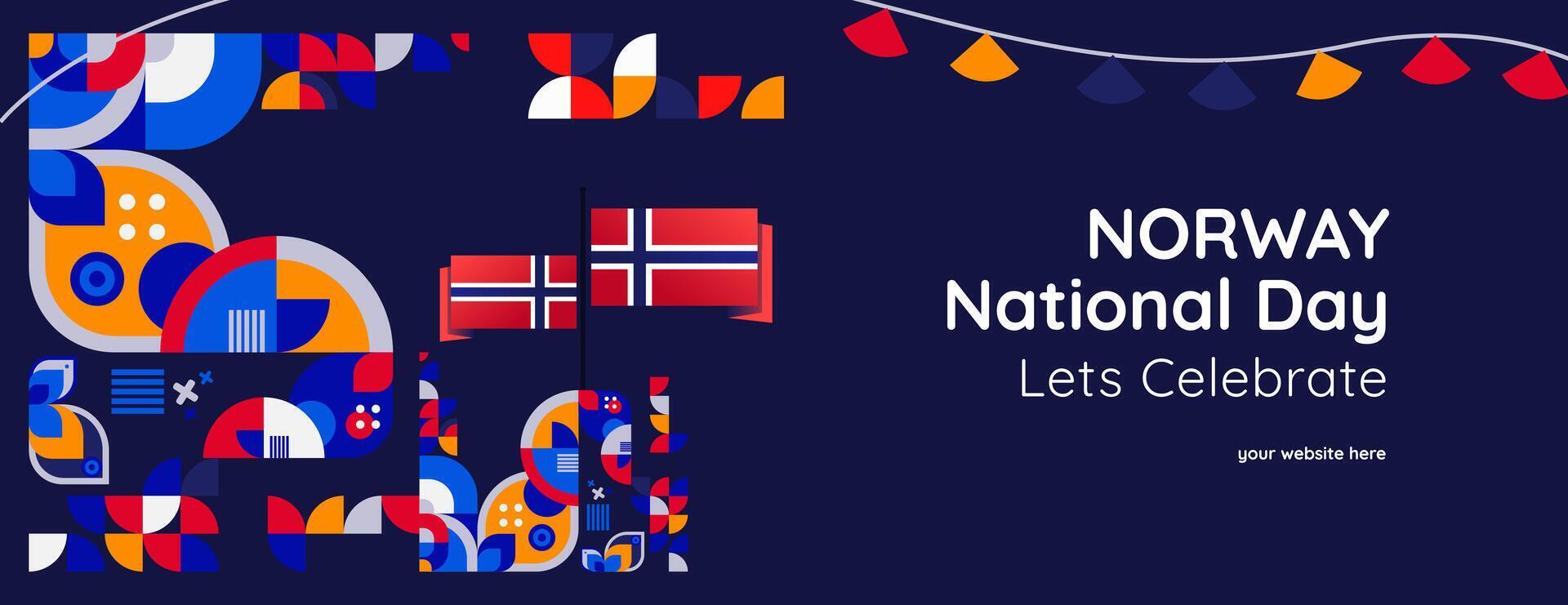 Norwegian Constitution Day banner in colorful modern geometric style. Happy Norway national independence day greeting card cover with typography. Vector illustration for celebrating national holidays