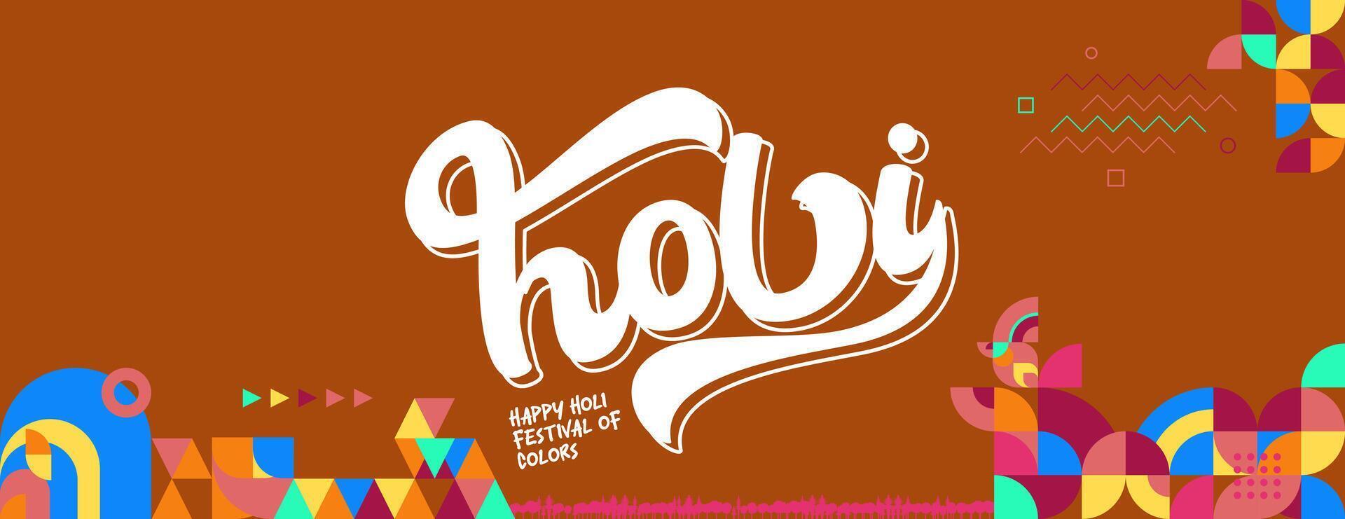 Happy Holi Festival Of Colors banner in colorful modern geometric style. Holi Festival greeting card cover with typography. Vector illustration background