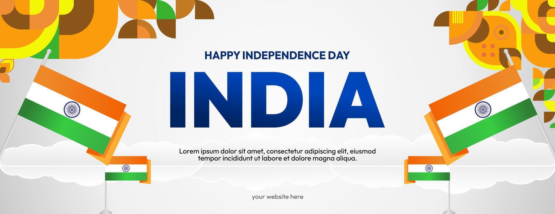 Indian Independence Day banner in colorful modern geometric style. Happy national independence day greeting card cover with typography. Vector illustration for national holiday celebration party