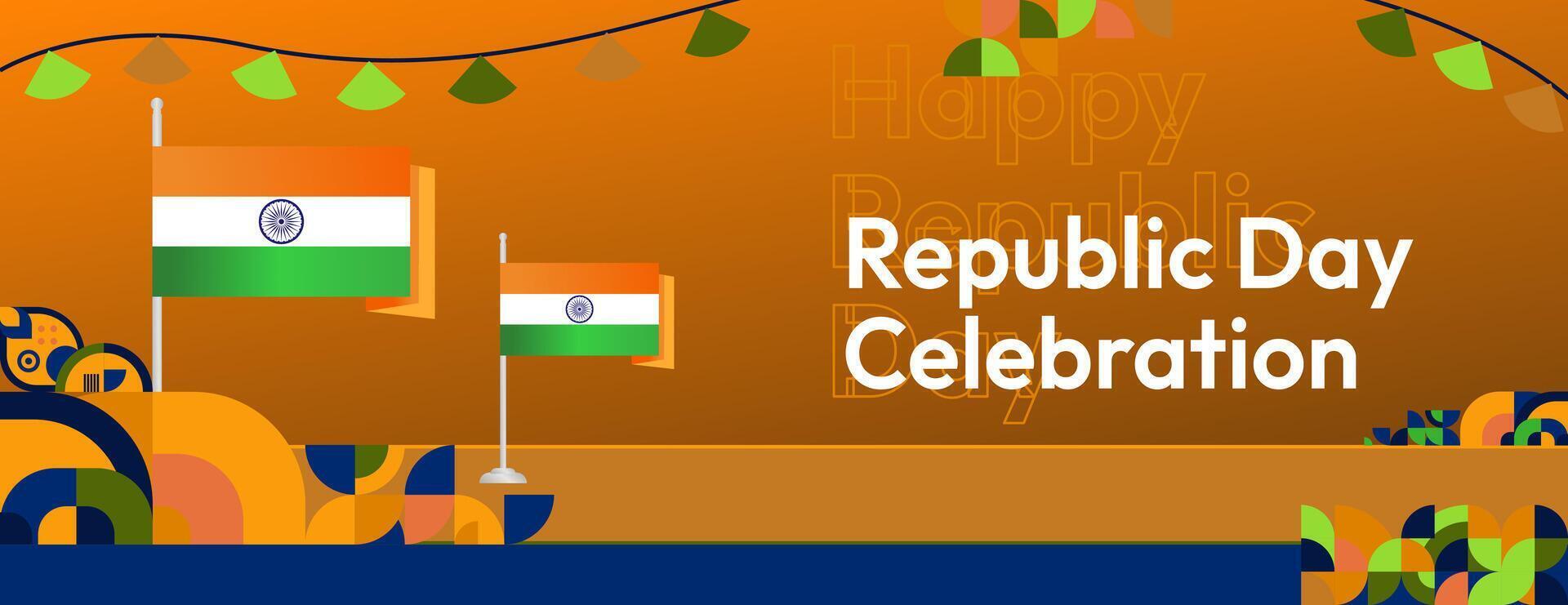 Indian Republic Day banner in modern geometric style. Wide banner for ads, social media and more with typography. Illustration for national holiday celebration party. Happy Republic Day 26 January vector