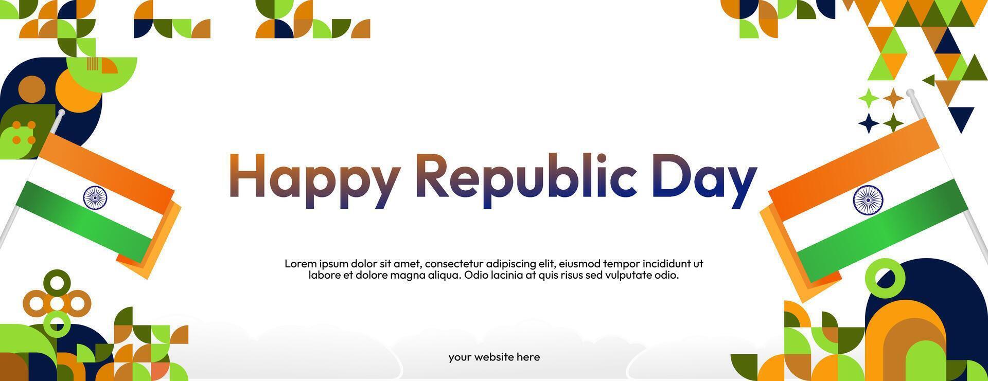 Indian Republic Day banner in modern geometric style. Wide banner for ads, social media and more with typography. Illustration for national holiday celebration party. Happy Republic Day 26 January vector