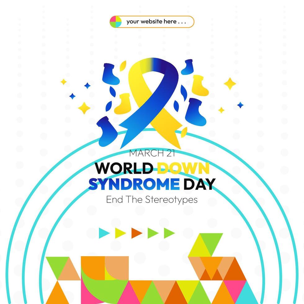 World Down Syndrome Day banner in colorful modern geometric style. Happy Down Syndrome Day square banner for social media, posters, invitations, greetings and more vector