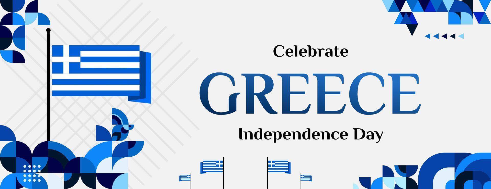 Grecia independencia día bandera en moderno geométrico estilo. amplio bandera para sitio web, social y más con tipografía. ilustración para nacional fiesta celebracion fiesta. contento griego independencia día vector