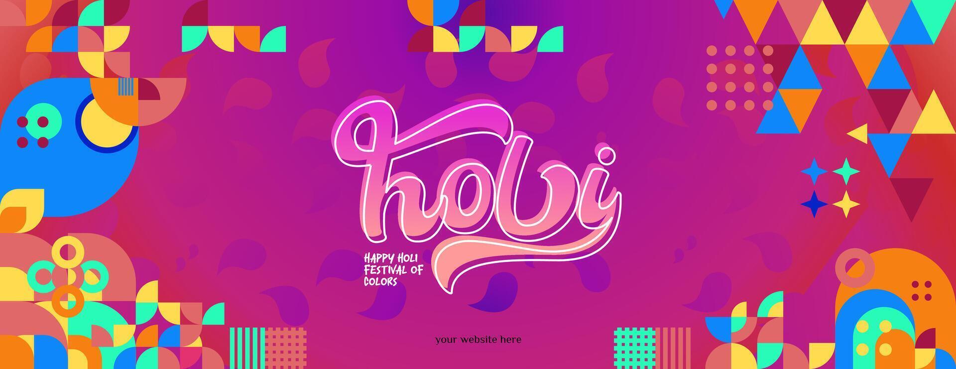 Happy Holi Festival Of Colors banner in colorful modern geometric style. Holi Festival greeting card cover with typography. Vector illustration background