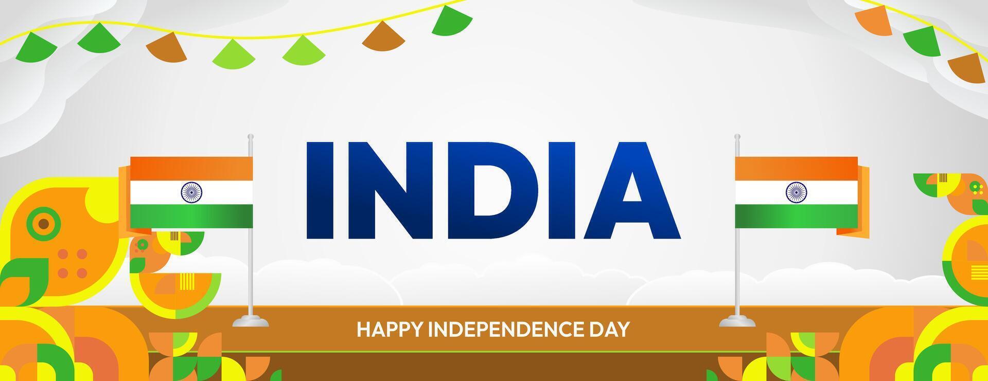 Indian Independence Day banner in colorful modern geometric style. Happy national independence day greeting card cover with typography. Vector illustration for national holiday celebration party