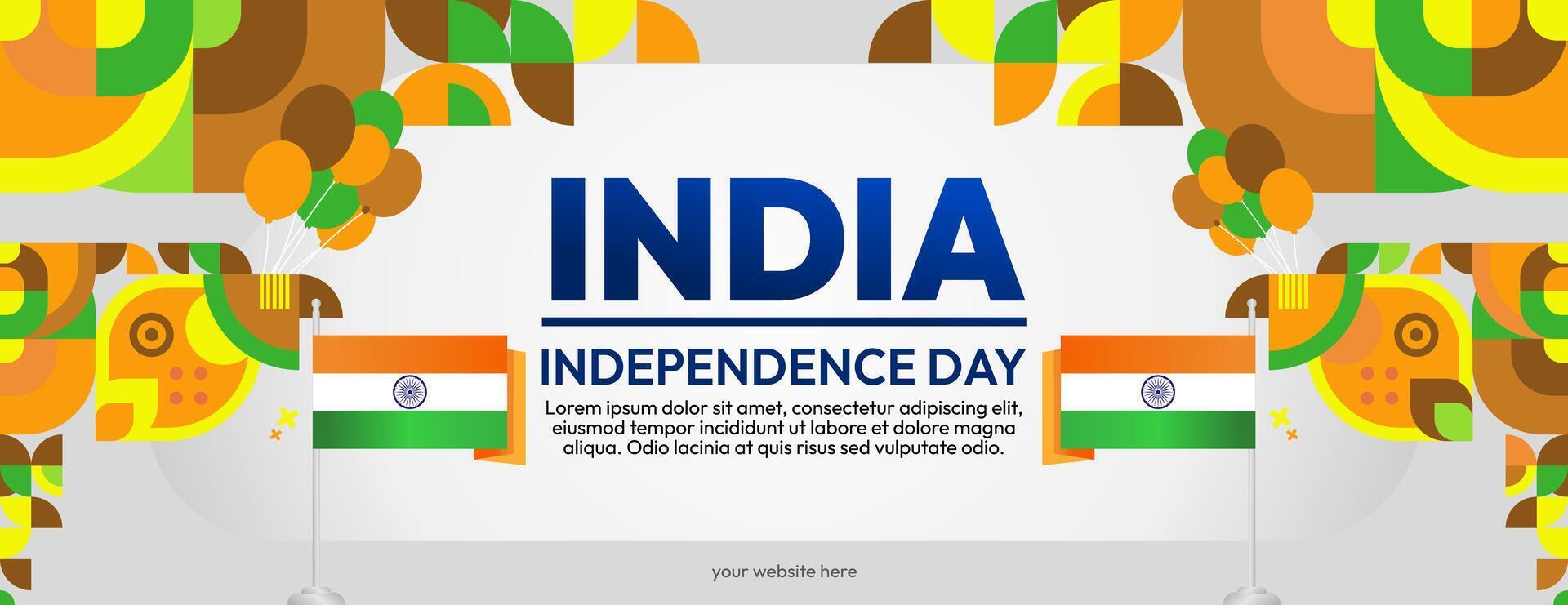 Indian Independence Day banner in colorful modern geometric style. Happy national independence day greeting card cover with typography. Vector illustration for national holiday celebration party