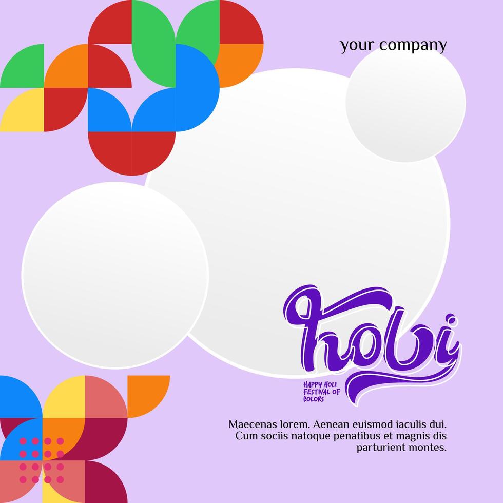 Happy Holi Festival Of Colors banner in colorful modern geometric style. Holi Festival greeting card cover with typography. Vector illustration background