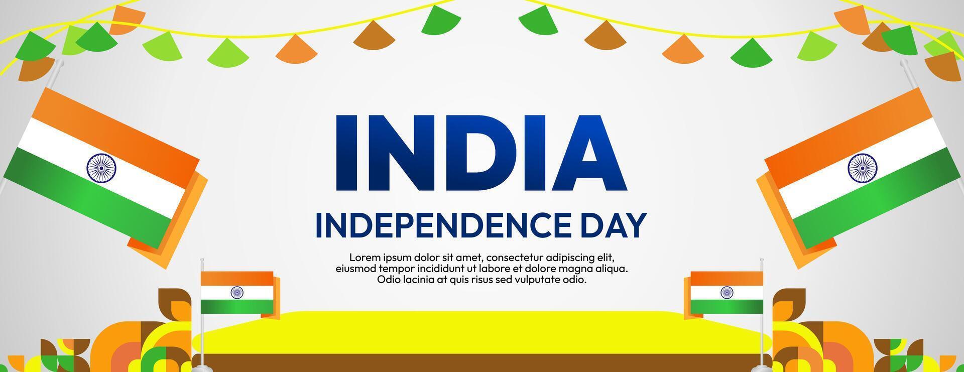 Indian Independence Day banner in colorful modern geometric style. Happy national independence day greeting card cover with typography. Vector illustration for national holiday celebration party