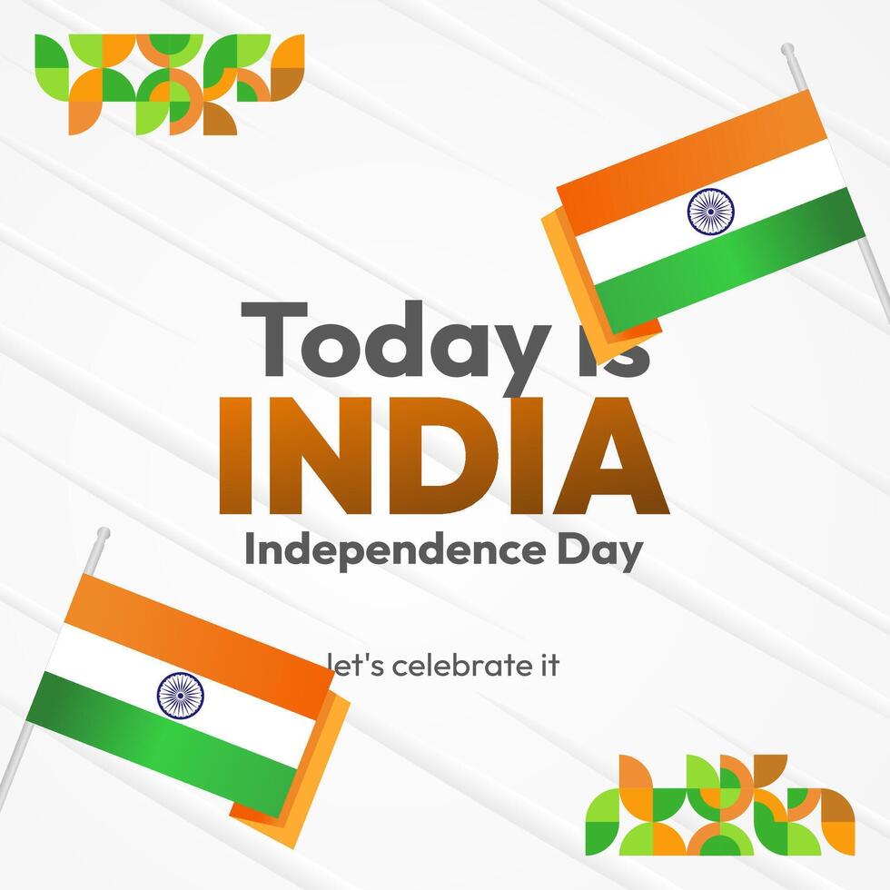 indio independencia día bandera en vistoso moderno geométrico estilo. cuadrado saludo tarjeta cubrir contento nacional independencia día con tipografía. nacional fiesta celebracion fiesta antecedentes vector