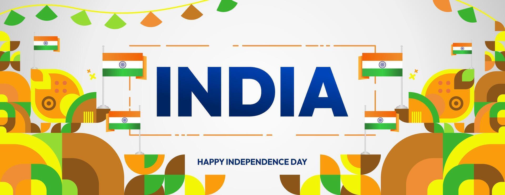 Indian Independence Day banner in colorful modern geometric style. Happy national independence day greeting card cover with typography. Vector illustration for national holiday celebration party