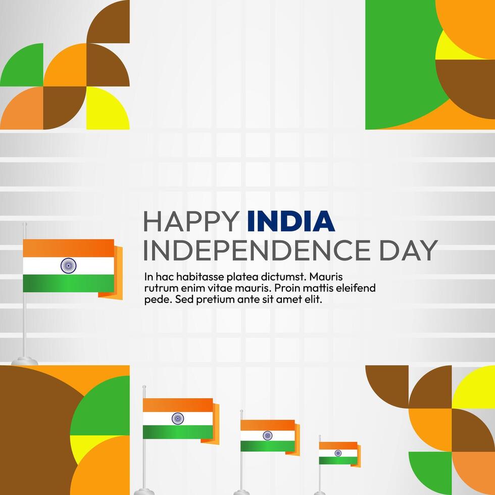 indio independencia día bandera en vistoso moderno geométrico estilo. cuadrado saludo tarjeta cubrir contento nacional independencia día con tipografía. nacional fiesta celebracion fiesta antecedentes vector
