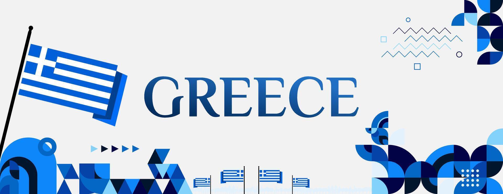 Grecia independencia día bandera en moderno geométrico estilo. amplio bandera para sitio web, social y más con tipografía. ilustración para nacional fiesta celebracion fiesta. contento griego independencia día vector