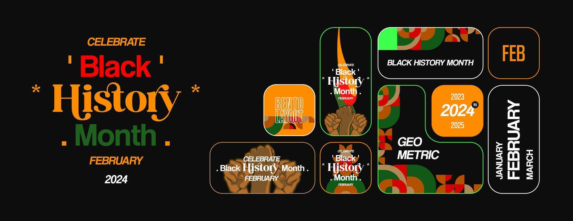 Celebrating Black History Month in modern geometric style. Greeting banner with Layout Bento Grids and typography. Illustration for Black History Month and Juneteenth Freedom Day vector