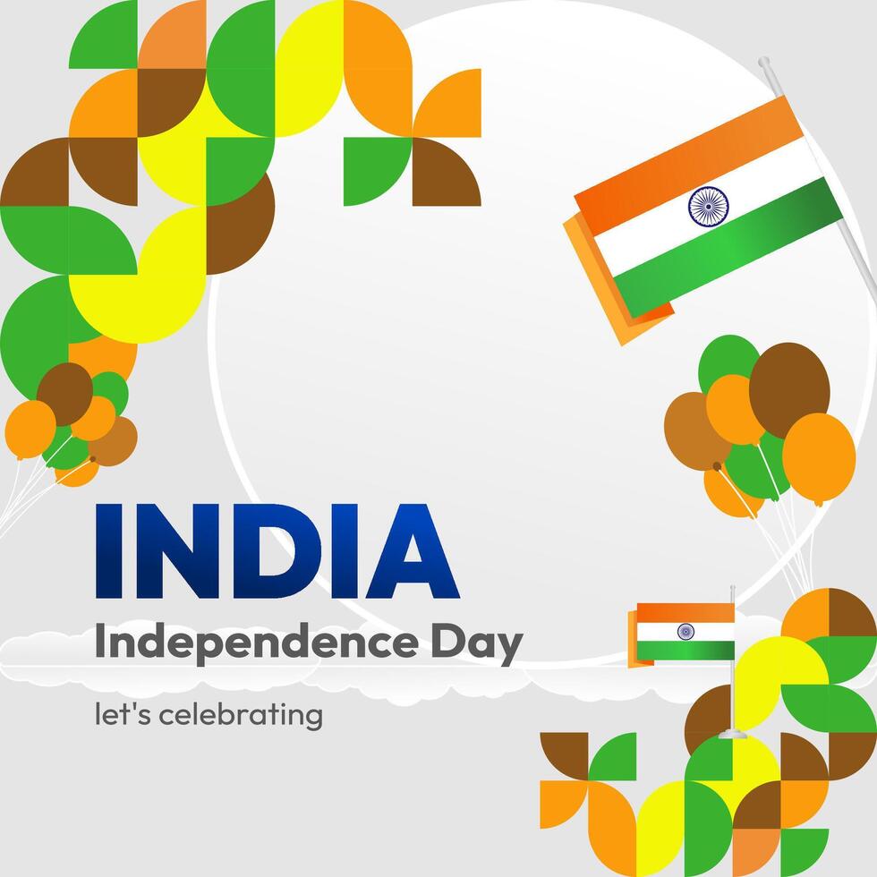 Indian Independence Day banner in colorful modern geometric style. Square greeting card cover Happy national independence day with typography. National holiday celebration party background vector