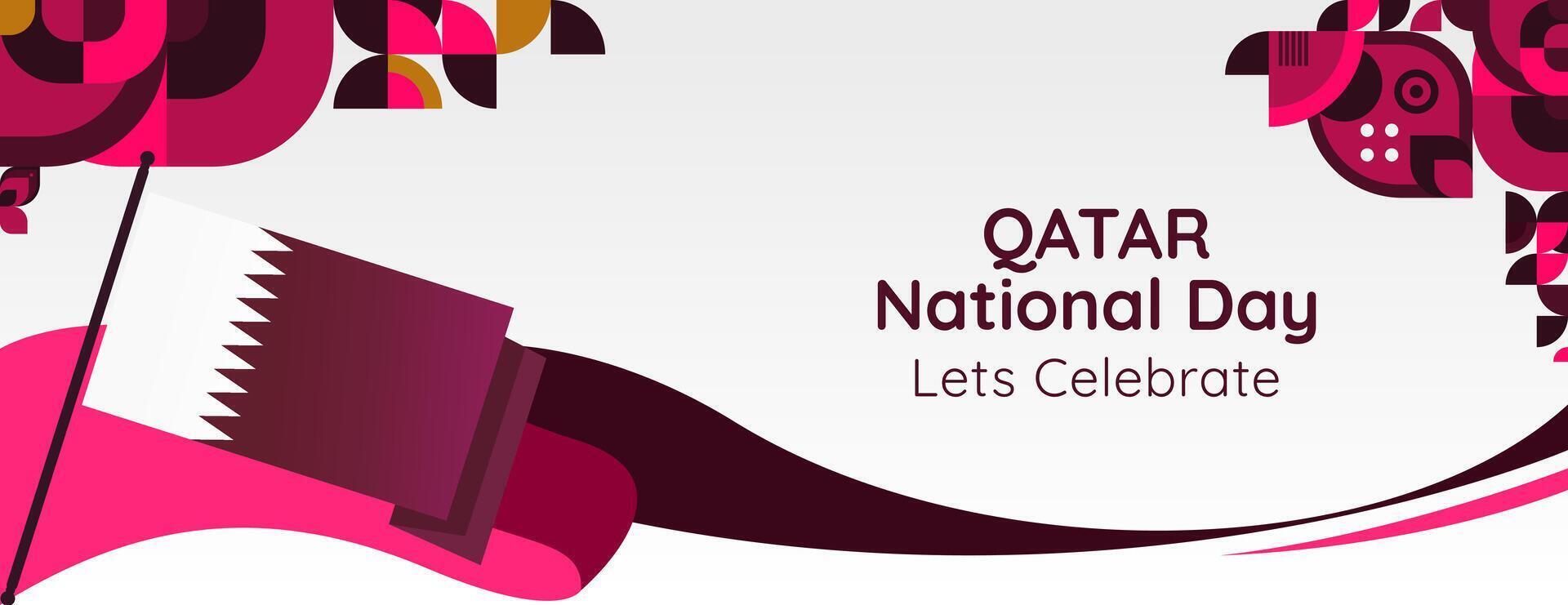 Qatar National Day banner in colorful modern geometric style. Qatar national independence day greeting card cover with typography. Vector illustration for national holiday celebration party