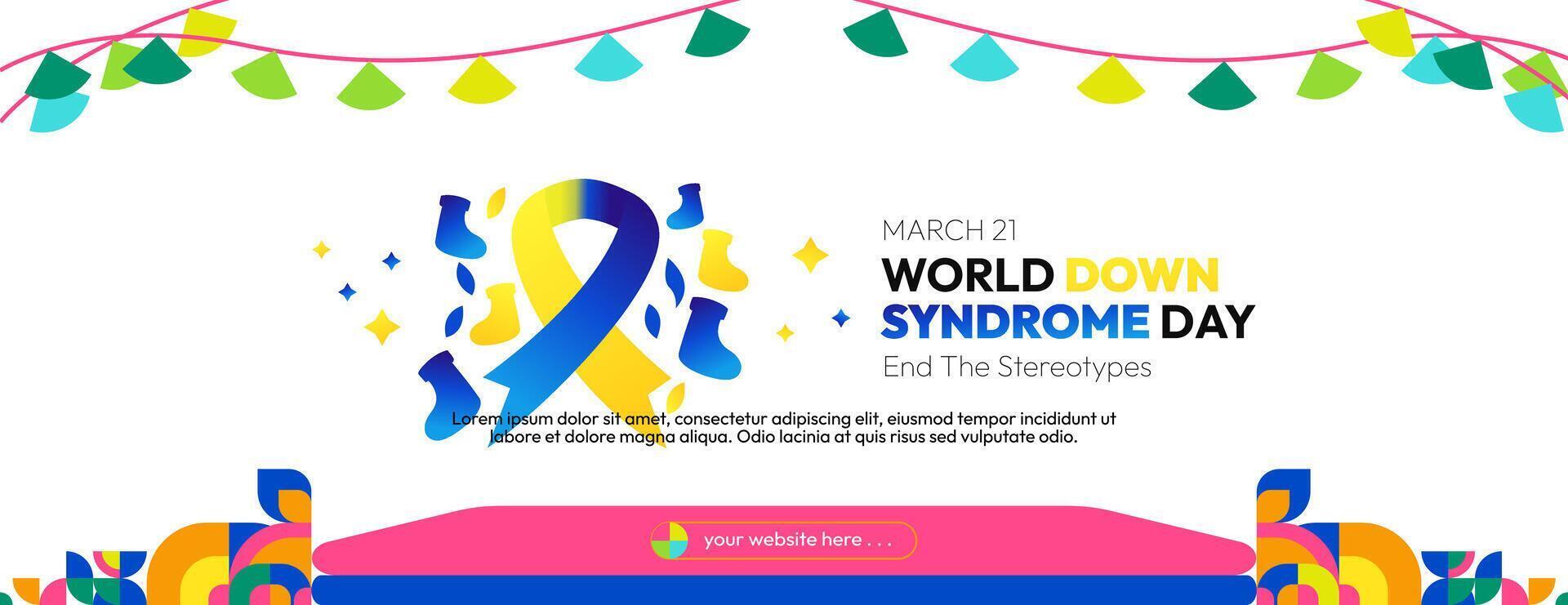 World Down Syndrome Day banner in colorful modern geometric style. Happy Down Syndrome Day wide banner for social media, posters, invitations, greetings and more vector