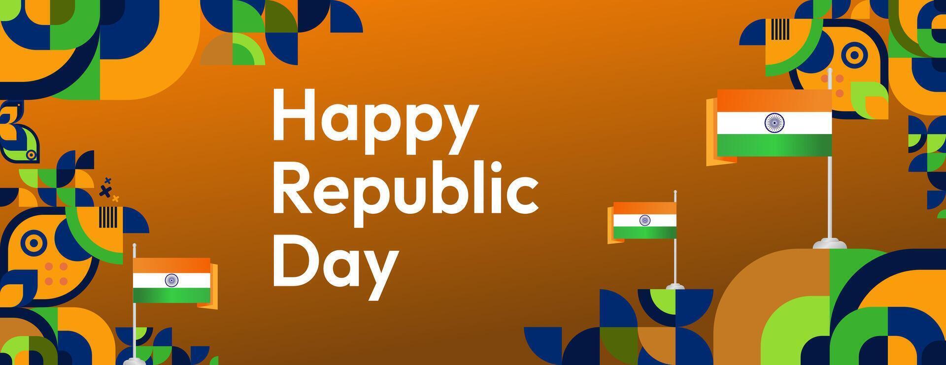 Indian Republic Day banner in modern geometric style. Wide banner for ads, social media and more with typography. Illustration for national holiday celebration party. Happy Republic Day 26 January vector