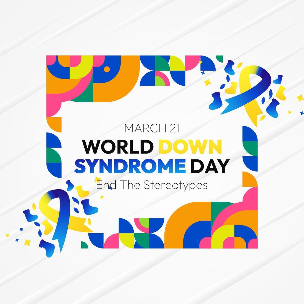 World Down Syndrome Day banner in colorful modern geometric style. Happy Down Syndrome Day square banner for social media, posters, invitations, greetings and more vector