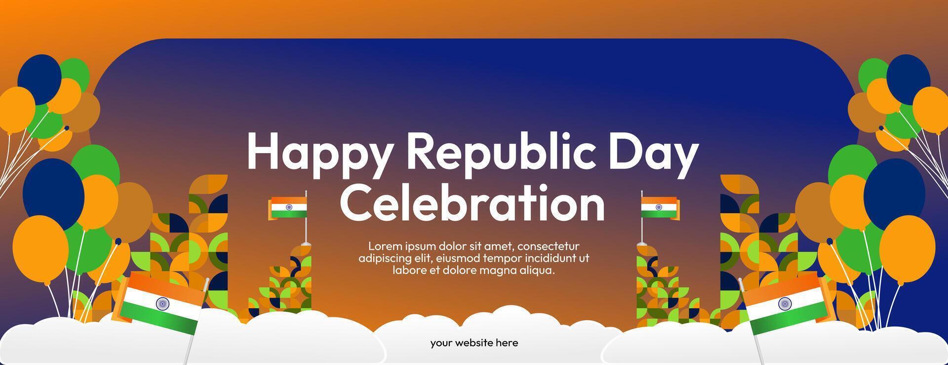 Indian Republic Day banner in modern geometric style. Wide banner for ads, social media and more with typography. Illustration for national holiday celebration party. Happy Republic Day 26 January vector