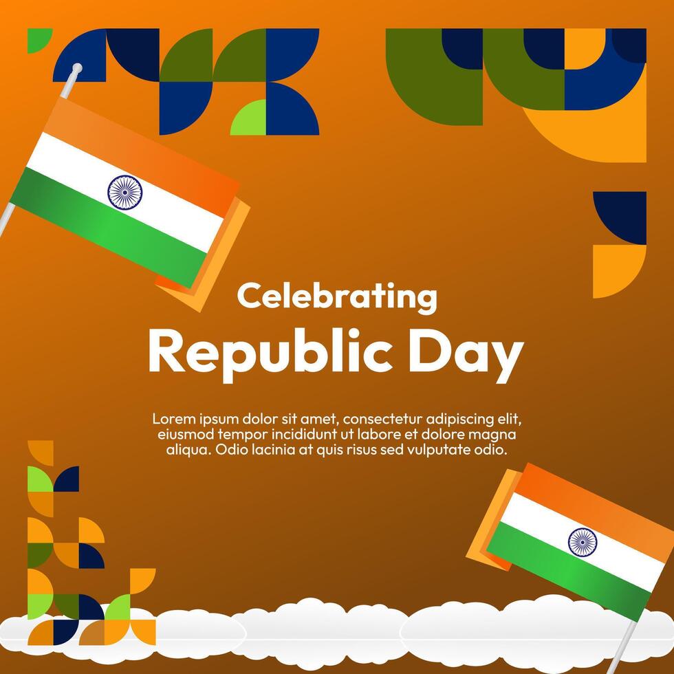 Indian Republic Day banner in modern geometric style. Square banner for social media and more with typography. Vector illustration for national holiday celebration party. Happy Republic Day 26 January