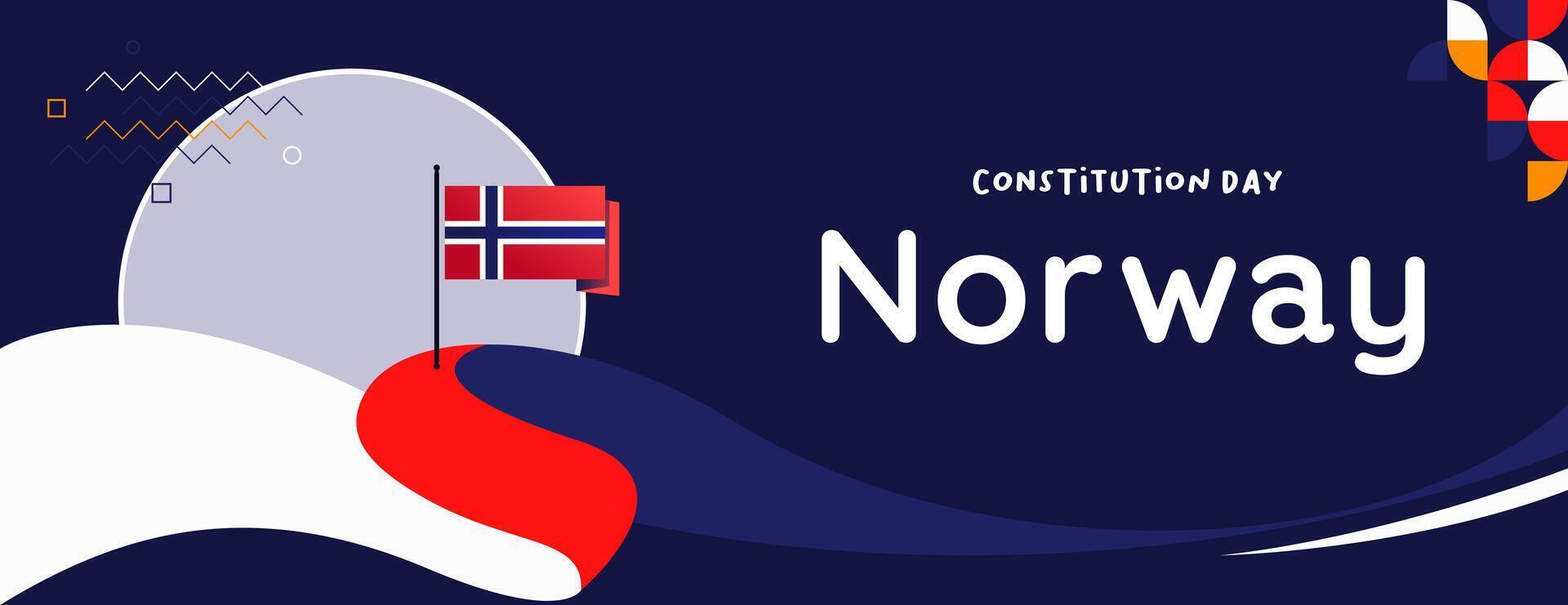 Norwegian Constitution Day banner in colorful modern geometric style. Happy Norway national independence day greeting card cover with typography. Vector illustration for celebrating national holidays