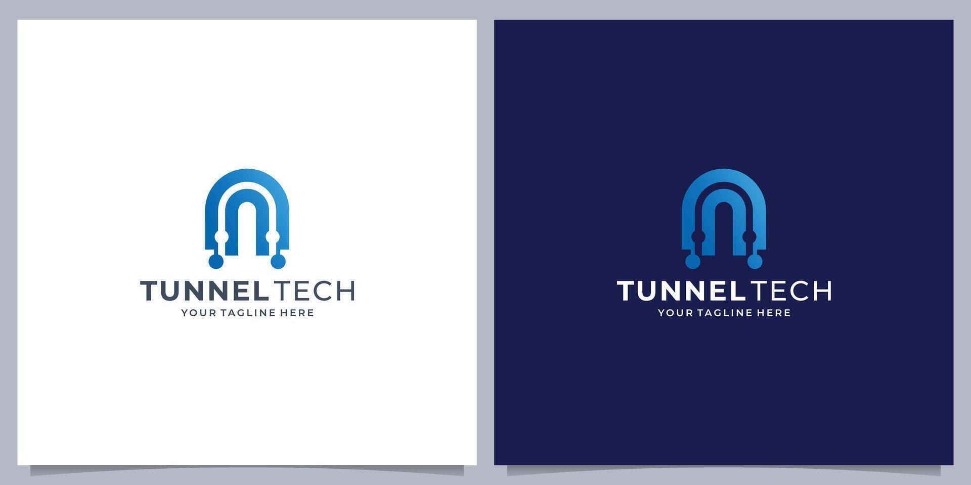 túnel tecnología logo diseño, concepto diseño con tecnología punto conectar forma con degradado color marca inspiración. vector