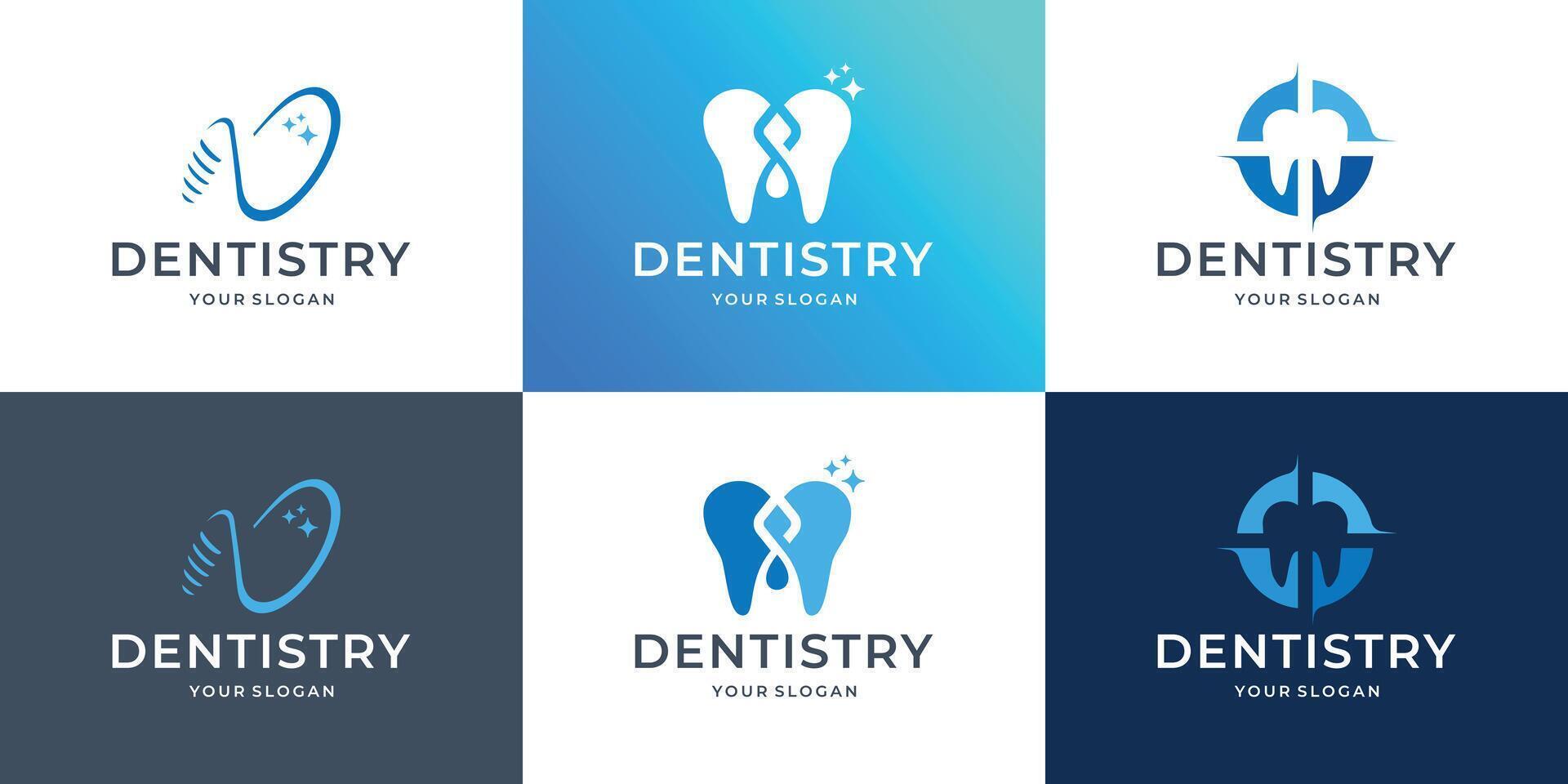 icon bundle of dentistry, dental care, dentist logo design with blue and white color background template illustration vector