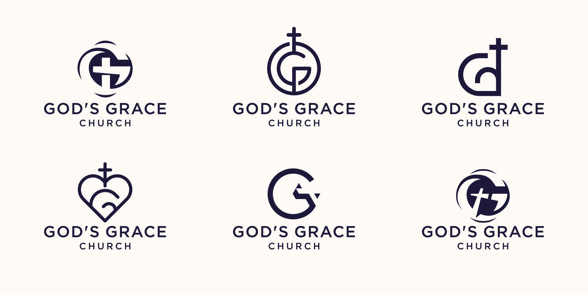 set of letter mark logo letter G combine with cross Christian, Church Jesus Cross Gospel symbol logo design template. vector