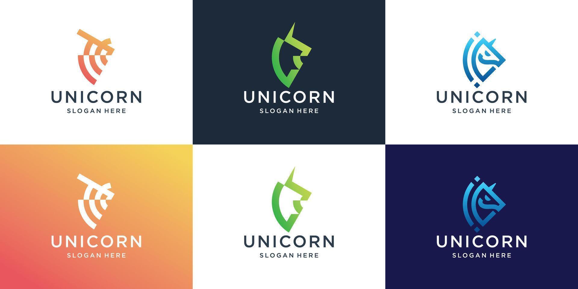 set of minimalist unicorn logos, Abstract line art style unicorn head with gradient color inspiration. vector