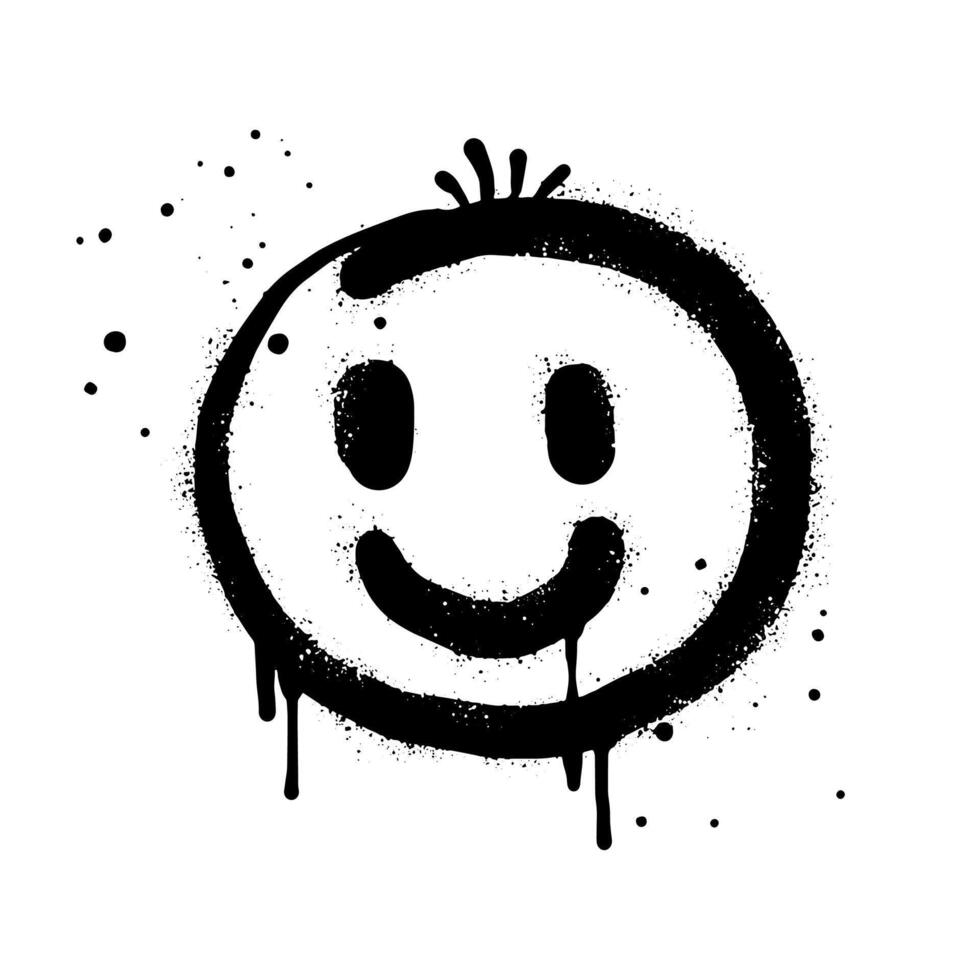 sonriente cara emoticon personaje. rociar pintado pintada sonrisa cara en negro terminado blanco. aislado en blanco antecedentes. vector ilustración