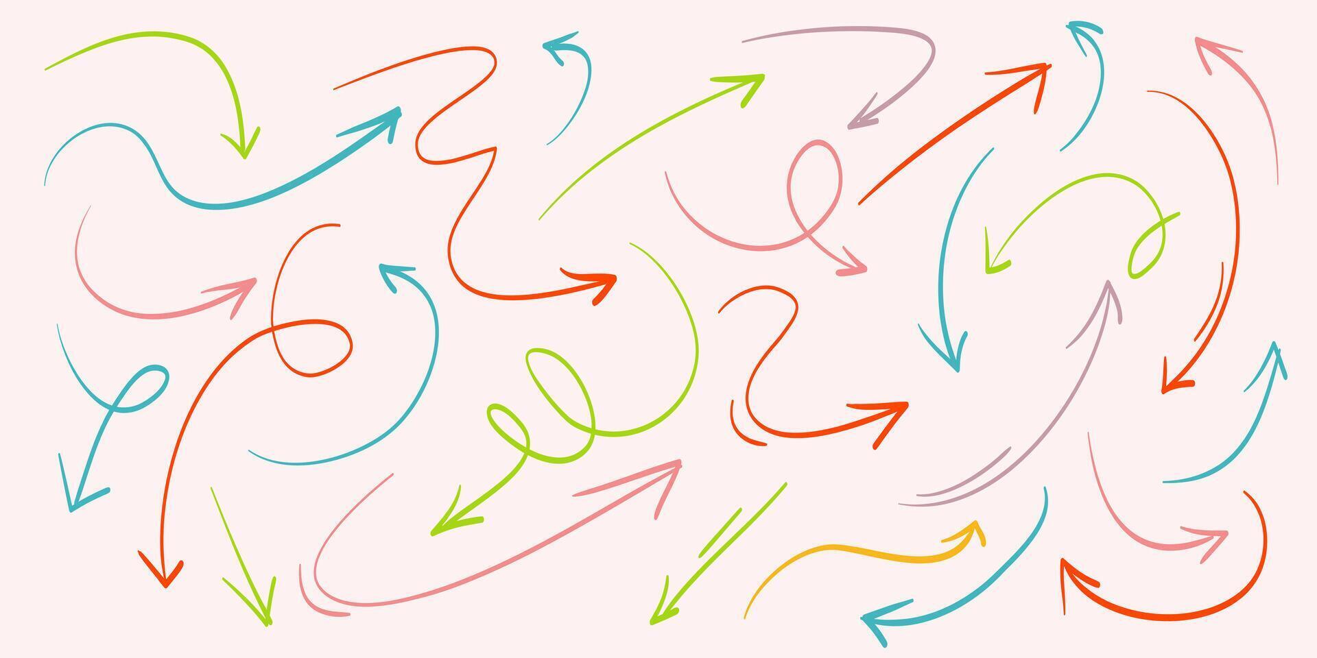 Various Doodle Arrows colorful with direction pointers Shapes and Objects. hand drawn vector illustration