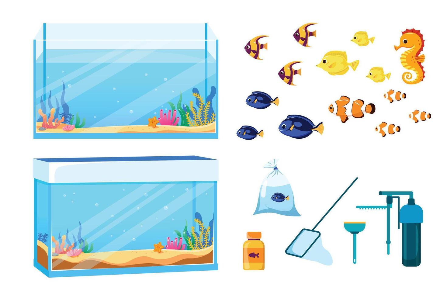 Vector aquarium set, collection of basic aquarium elements. cartoon style