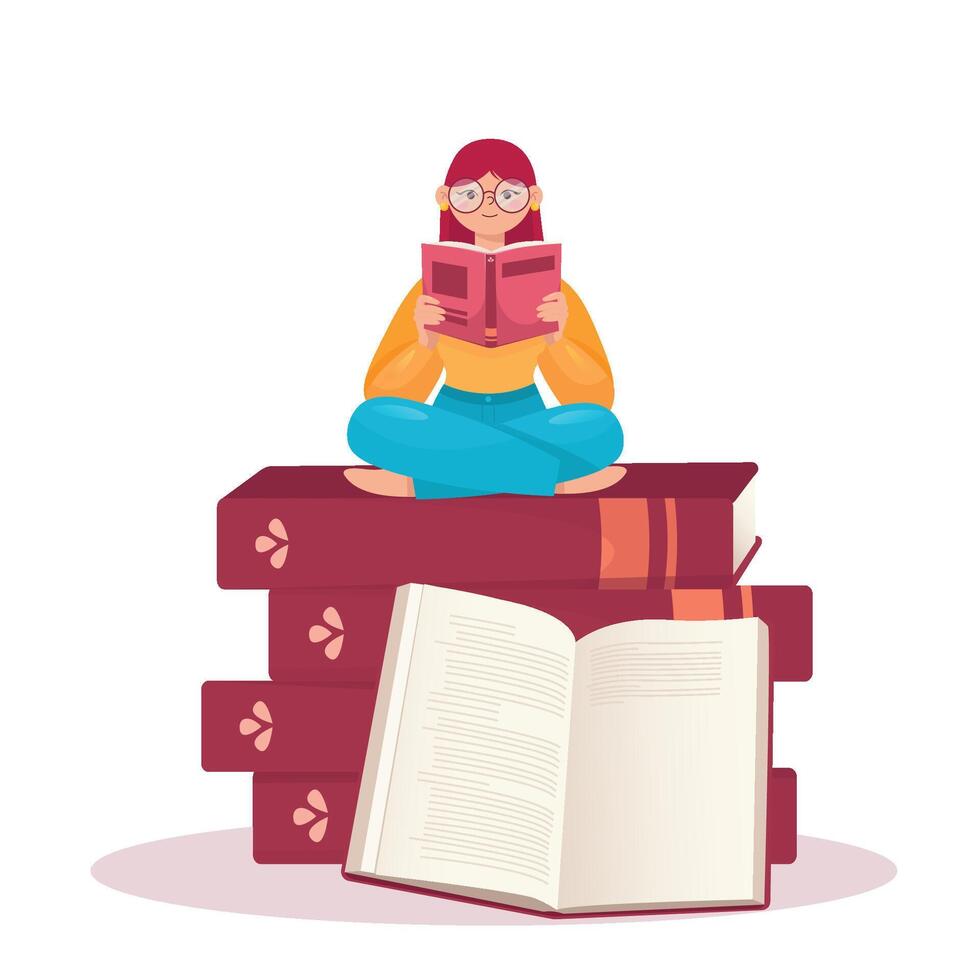 vector cute girl sitting on a mountain of books and holding a book in her hands. woman reading a book. open book. vector.