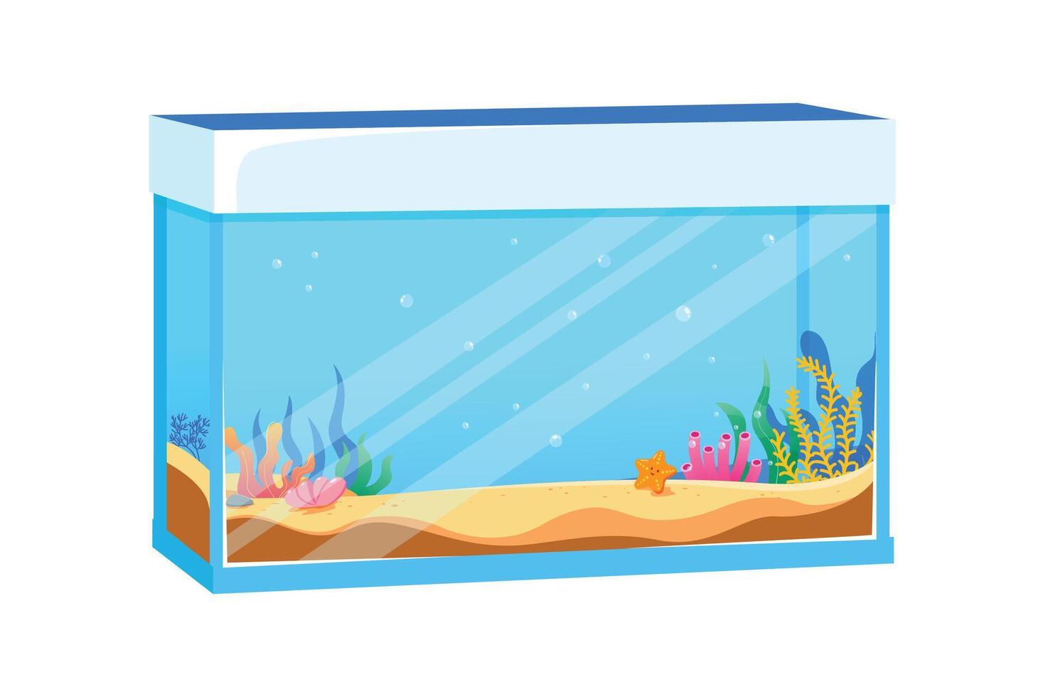 Vector aquarium with colorful underwater life algae, sand, shells in flat style