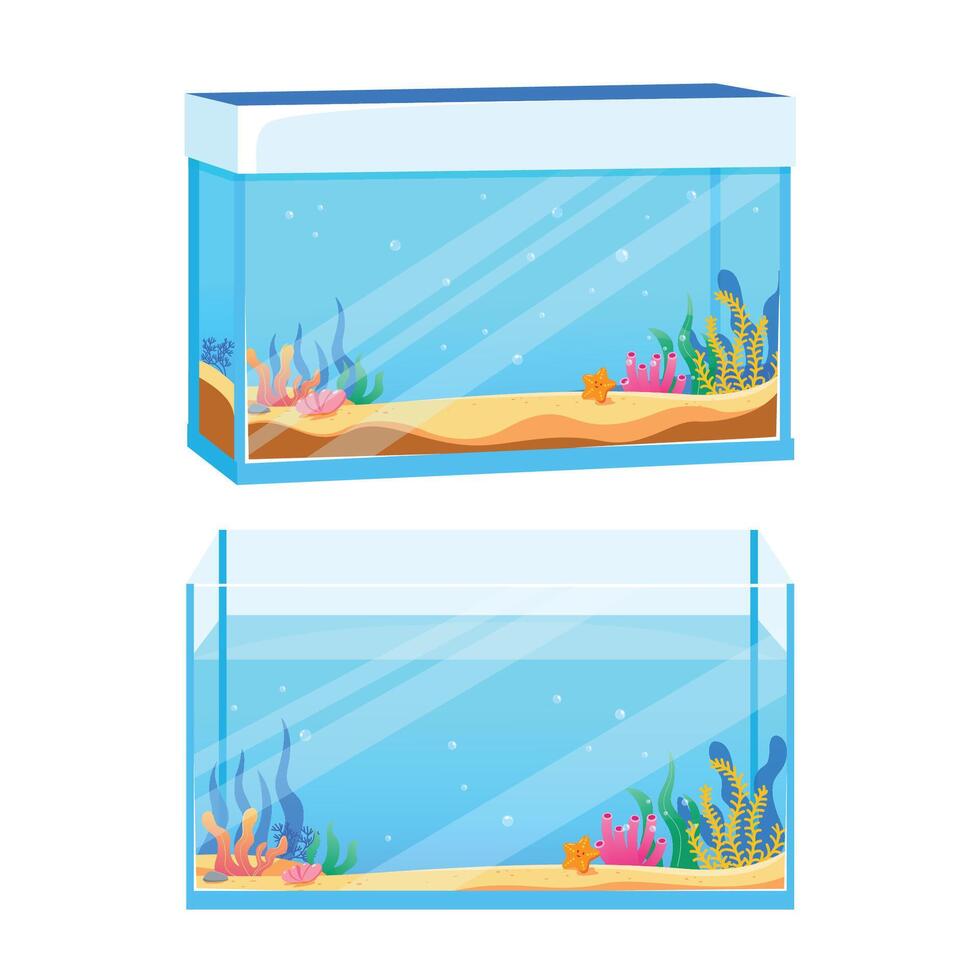 Two large rectangular aquarium empty aquarium with algae vector illustration in cartoon style