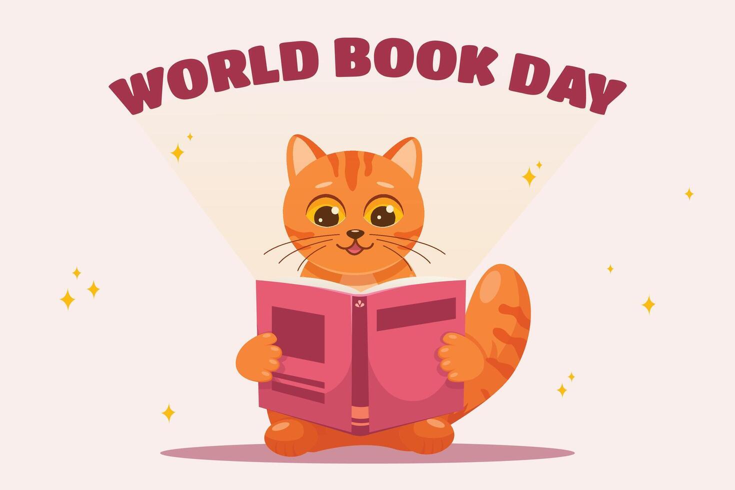 World Book Day, cute cat reading. Vector cute funny nerd orange red cat reading book pet cartoon drawing vector