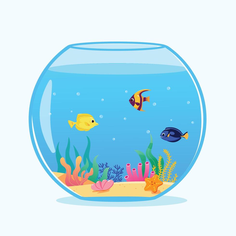 Vector round aquarium with fish on a white background