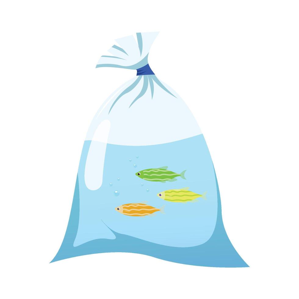 Vector fish in a plastic bag with water, exotic fish, aquarium fish in a bag